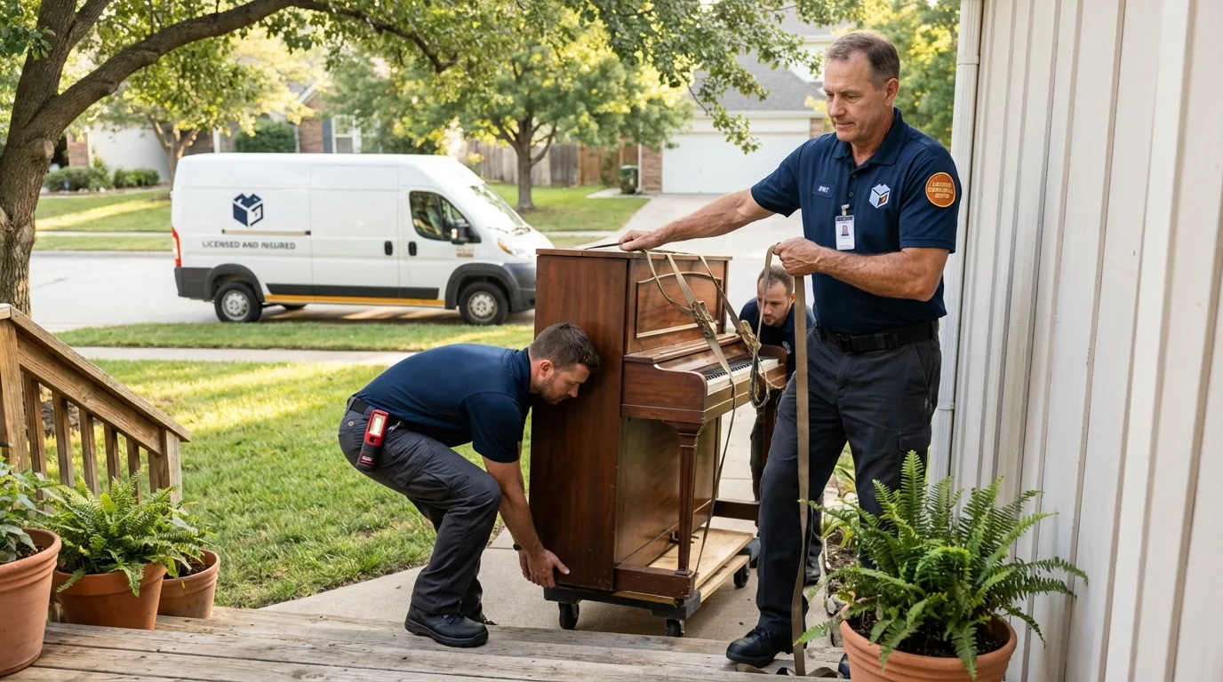Licensed piano movers securing grand piano in Prospect, KY