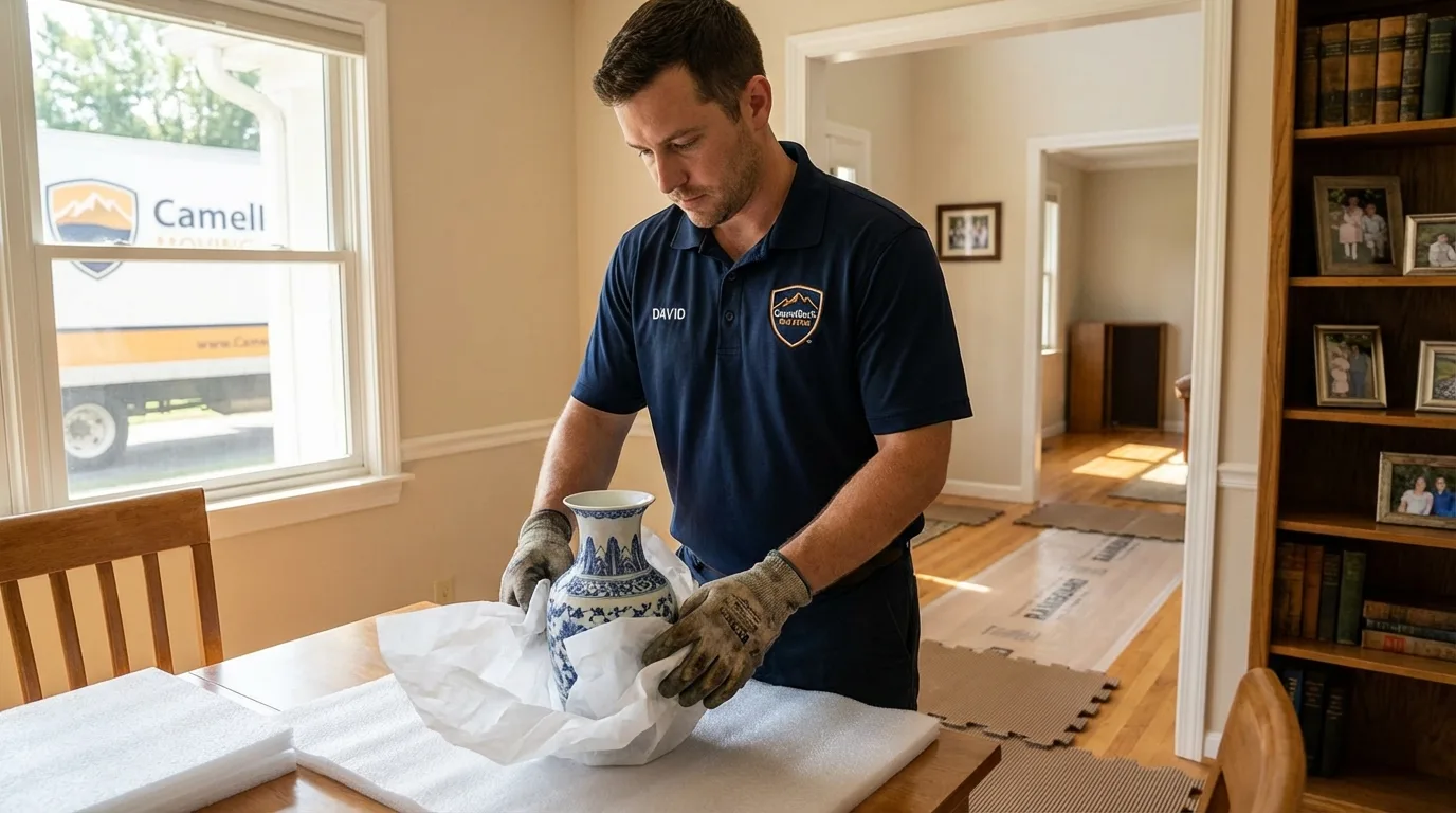 Professional crew carefully wrapping antique vase for senior downsizing move in Prospect, KY